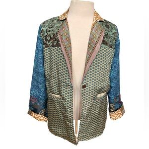 Guru Jacket 100% Silk Mixed Print Upcycled Sustainable Women's Small Reversible